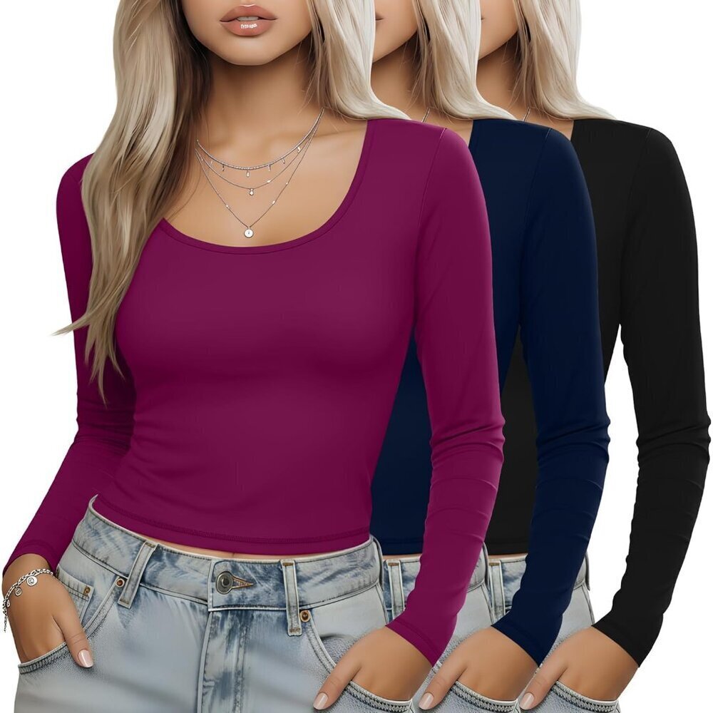 3 Pack Women's Long Sleeve Shirts Cotton Blend Xx-large Casual U-Neck Tops